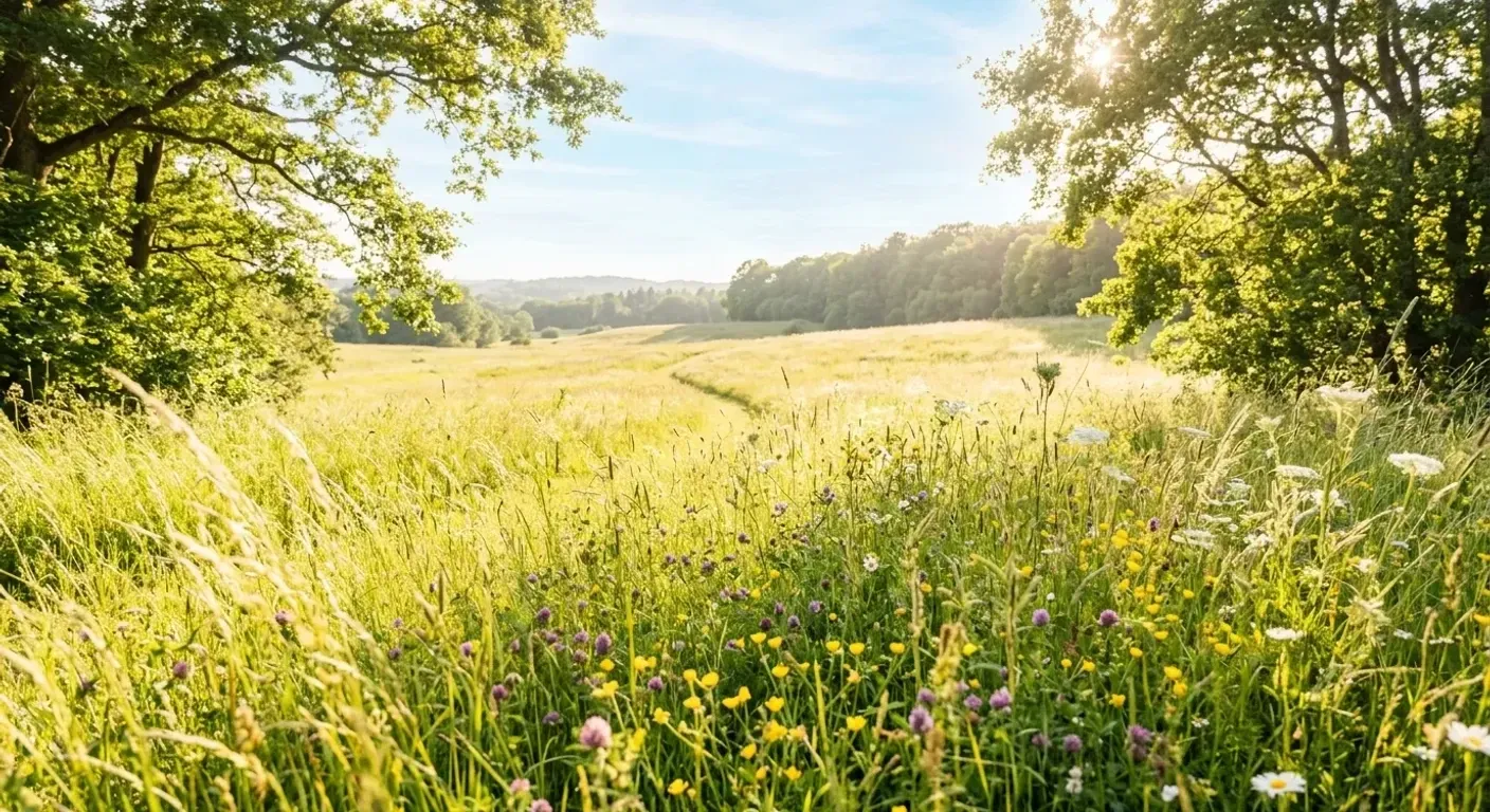 Warmes Nachmittagslicht fällt durch hohe Bäume auf eine stille Wiese