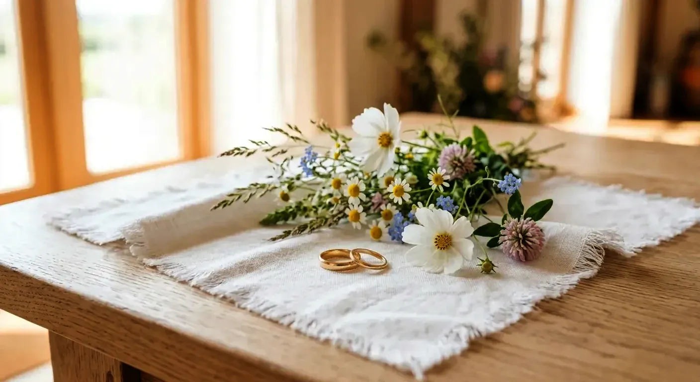 Zwei schlichte Eheringe und zarte Wiesenblumen auf einem Leinentuch auf einem Holztisch